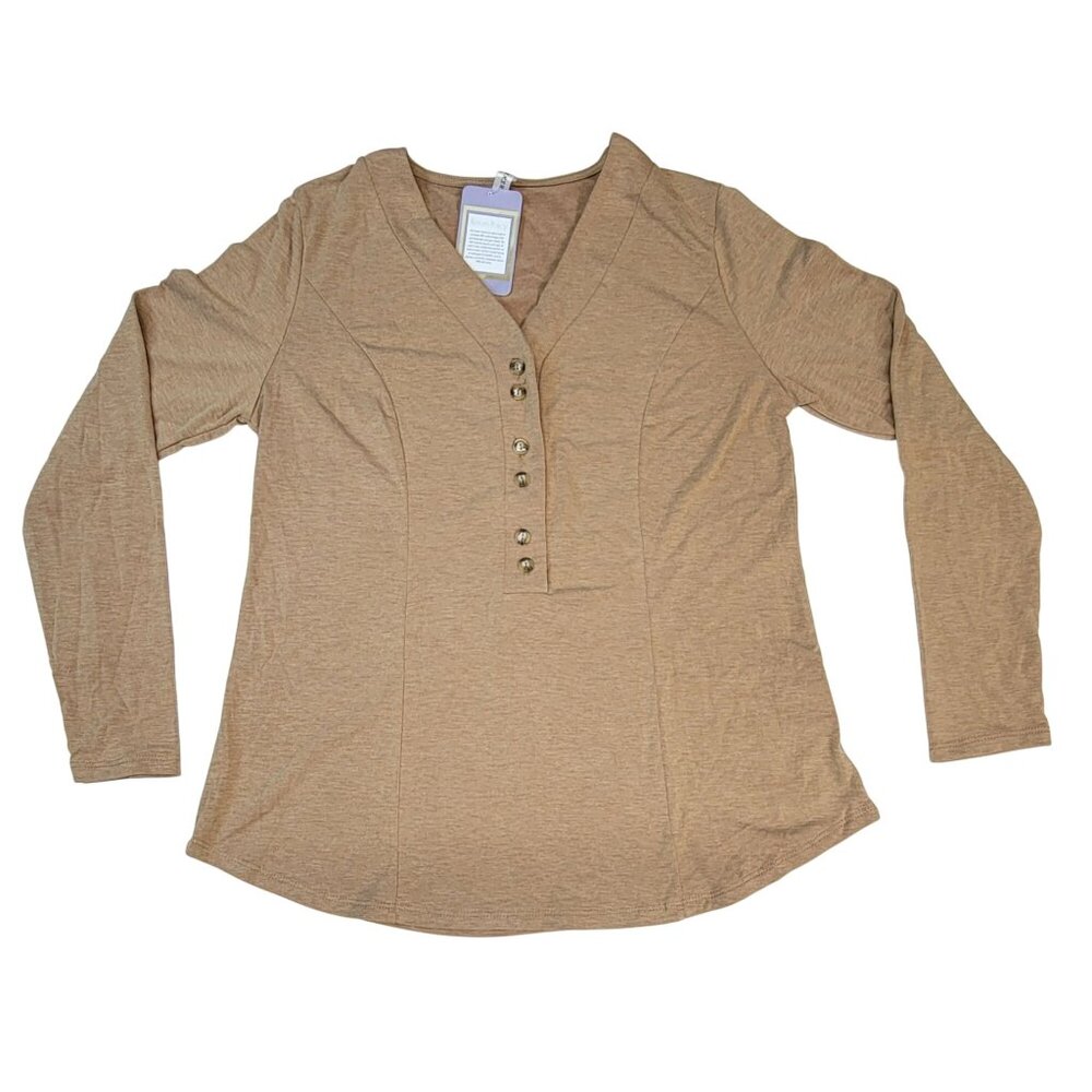 Emerald Long Sleeve Top V Neck Tan Camel 1/2 Button Down Detail Womens Small